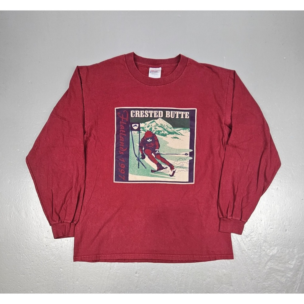 Vintage 1997 Crested Butte Skiing T-Shirt Mens Large Long Sleeve Hanes Beefy T